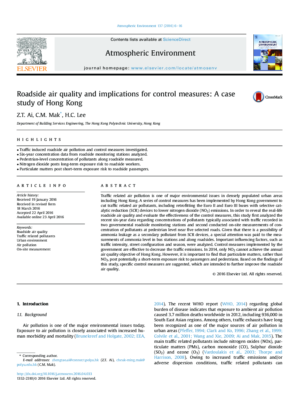 Roadside air quality and implications for control measures: A case study of Hong Kong