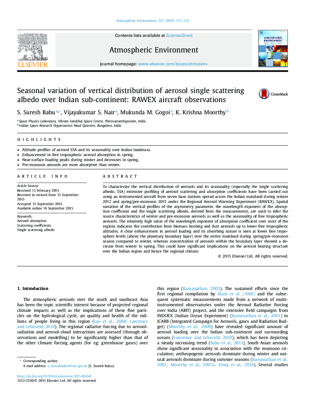 Seasonal variation of vertical distribution of aerosol single scattering albedo over Indian sub-continent: RAWEX aircraft observations