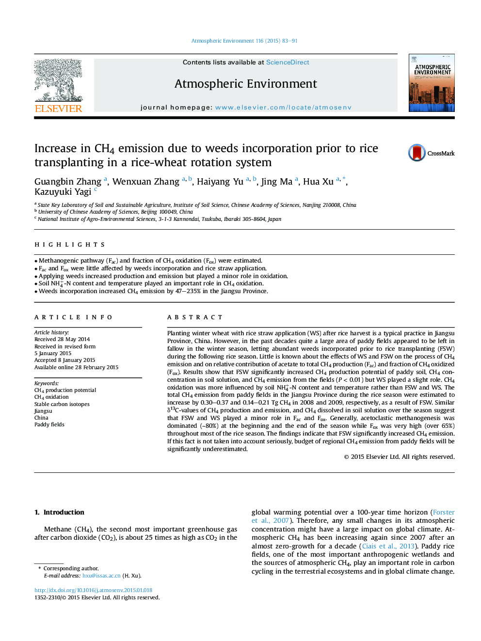 Increase in CH4 emission due to weeds incorporation prior to rice transplanting in a rice-wheat rotation system