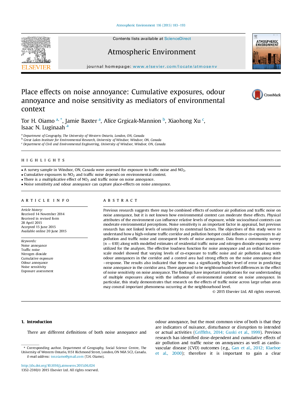 Place effects on noise annoyance: Cumulative exposures, odour annoyance and noise sensitivity as mediators of environmental context