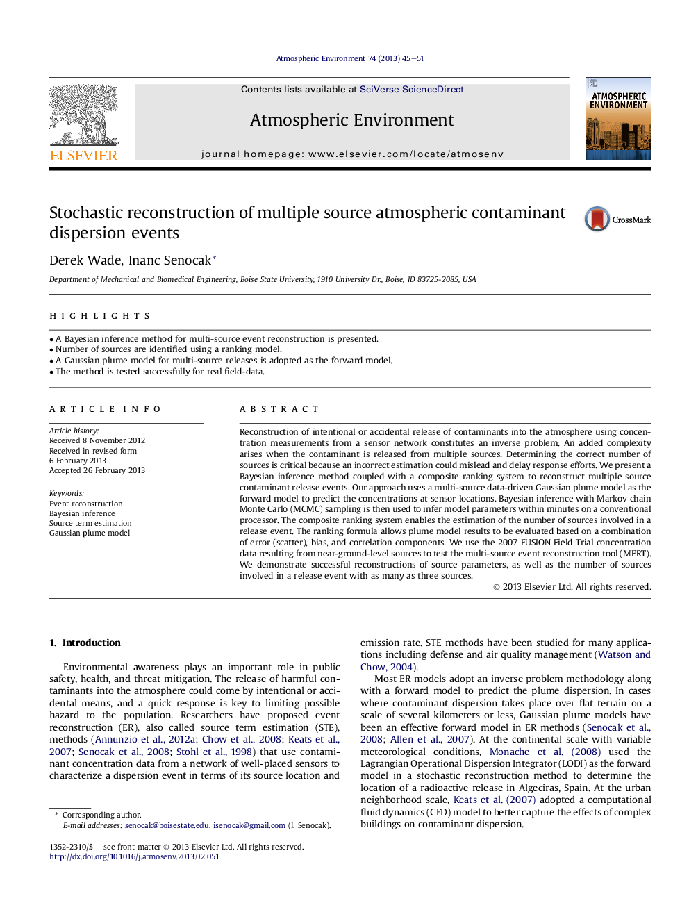 Stochastic reconstruction of multiple source atmospheric contaminant dispersion events