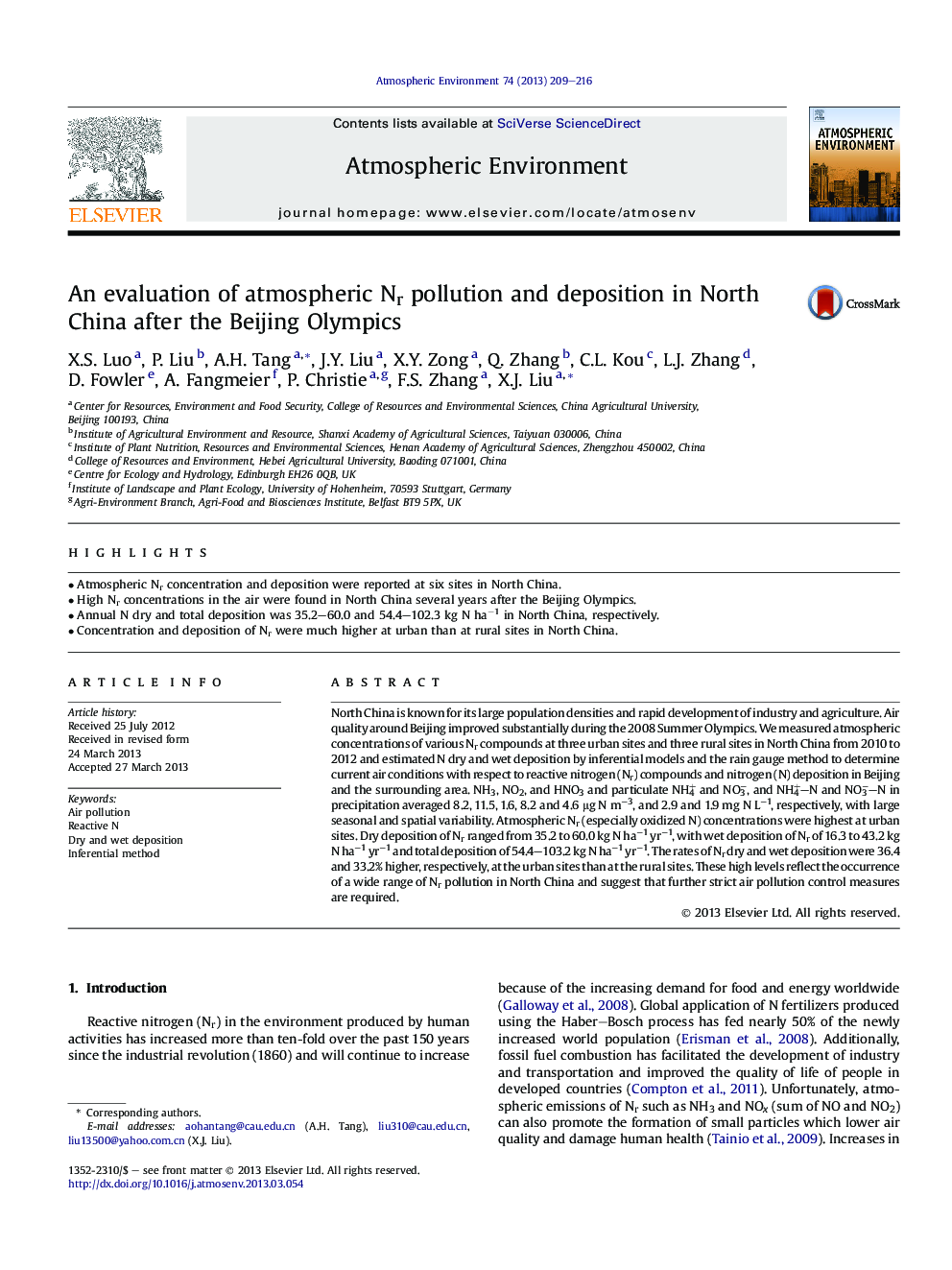 An evaluation of atmospheric Nr pollution and deposition in North China after the Beijing Olympics