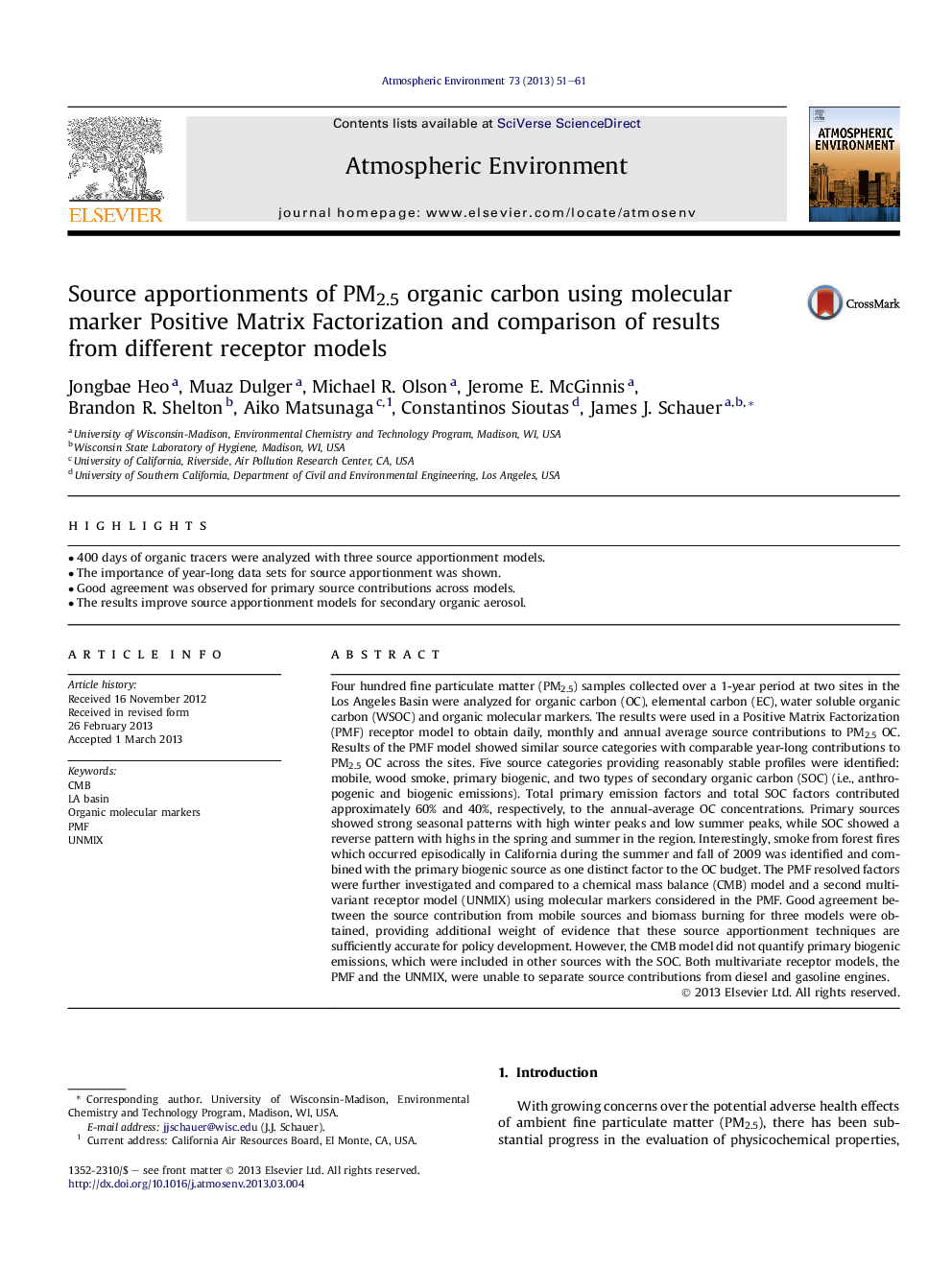 Source apportionments of PM2.5 organic carbon using molecular marker Positive Matrix Factorization and comparison of results from different receptor models