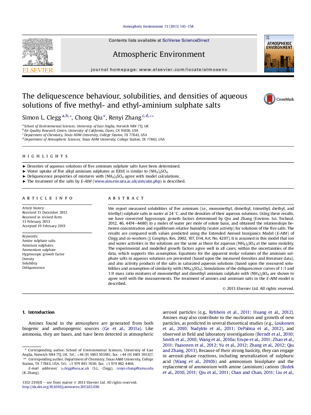 The deliquescence behaviour, solubilities, and densities of aqueous solutions of five methyl- and ethyl-aminium sulphate salts