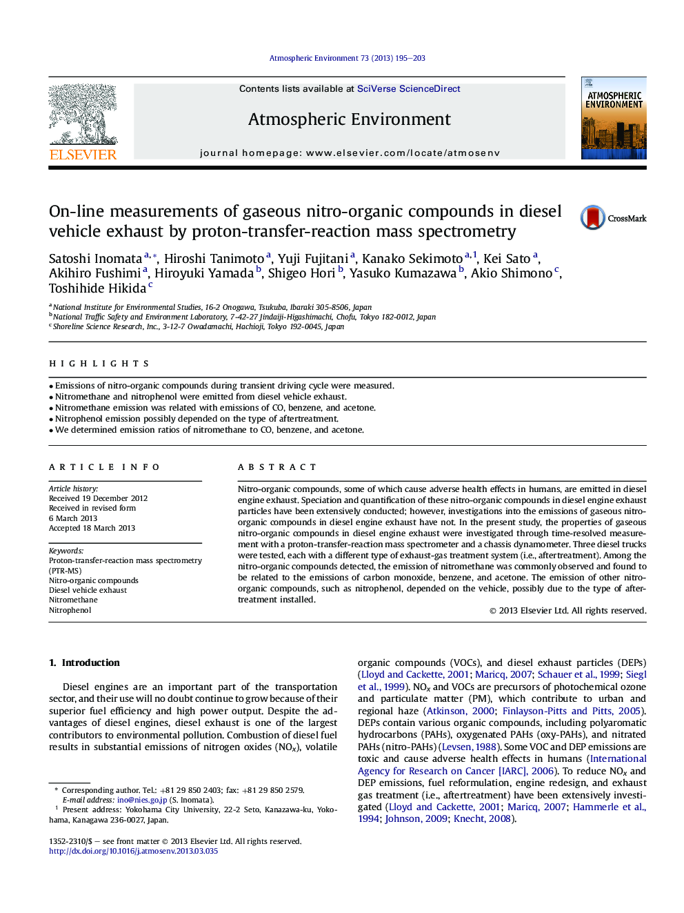 On-line measurements of gaseous nitro-organic compounds in diesel vehicle exhaust by proton-transfer-reaction mass spectrometry