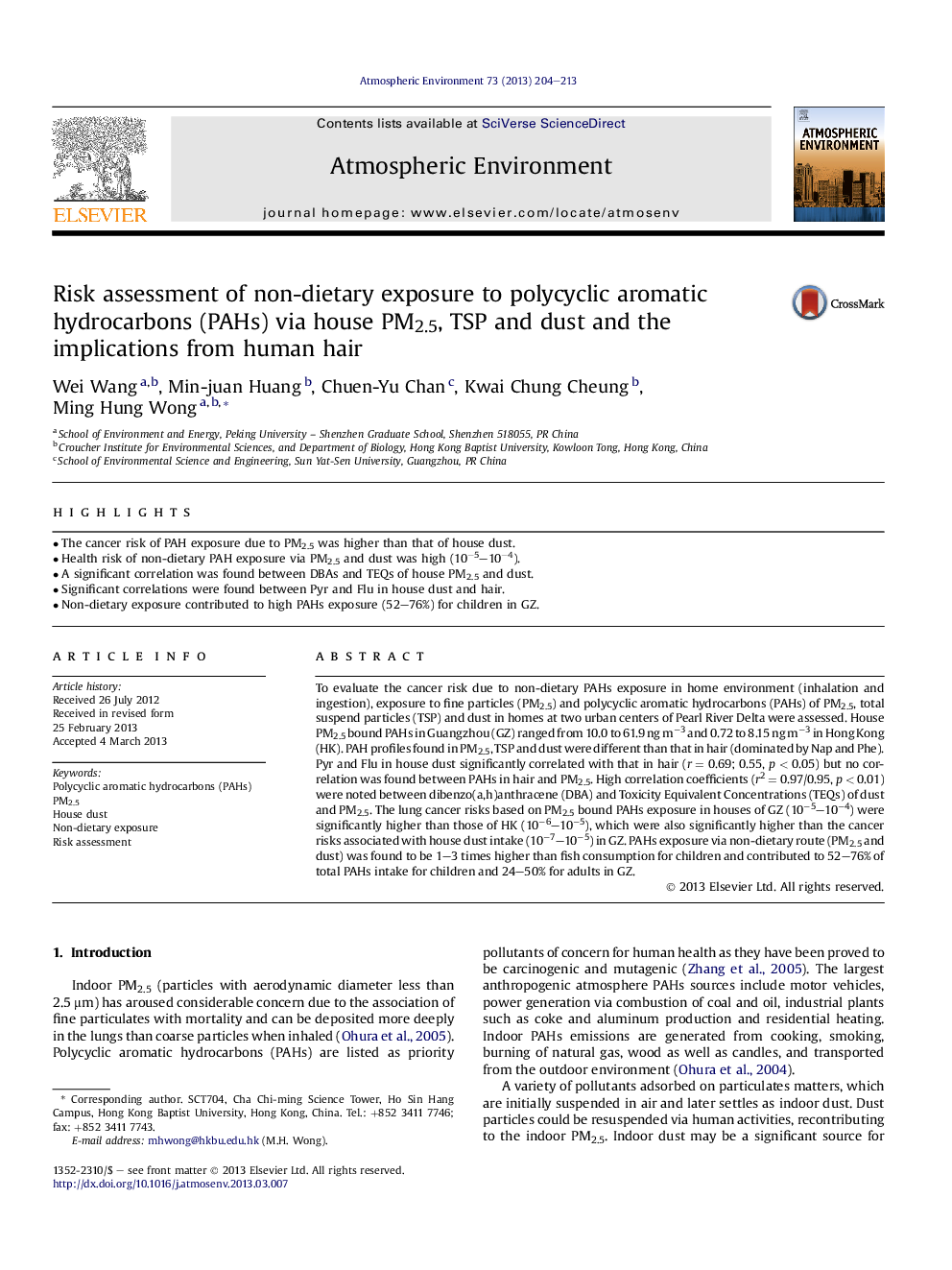 Risk assessment of non-dietary exposure to polycyclic aromatic hydrocarbons (PAHs) via house PM2.5, TSP and dust and the implications from human hair