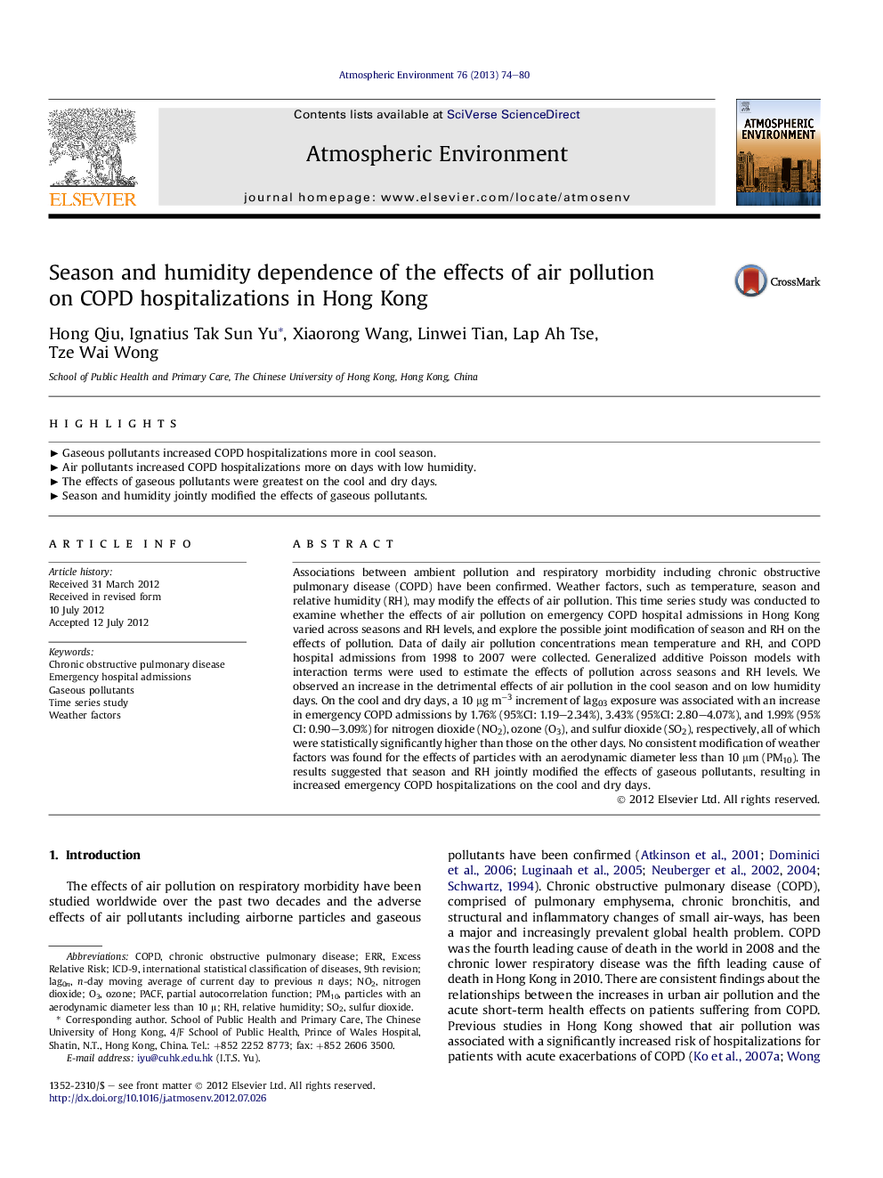 Season and humidity dependence of the effects of air pollution on COPD hospitalizations in Hong Kong