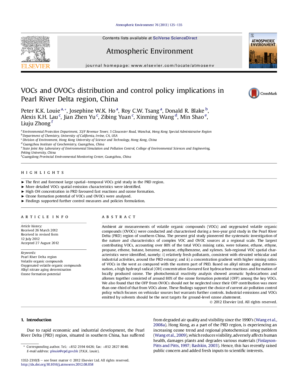 VOCs and OVOCs distribution and control policy implications in Pearl River Delta region, China