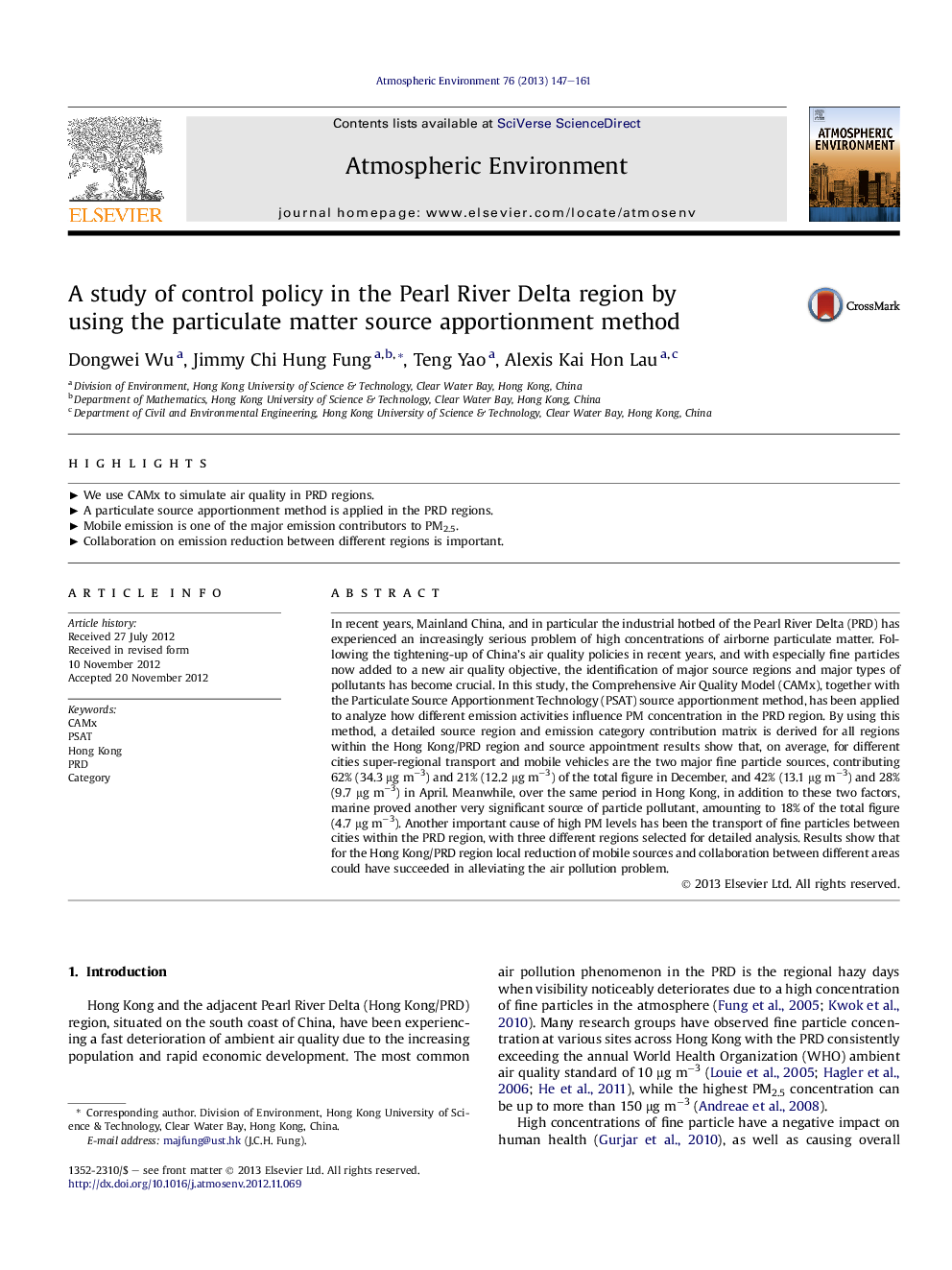 A study of control policy in the Pearl River Delta region by using the particulate matter source apportionment method