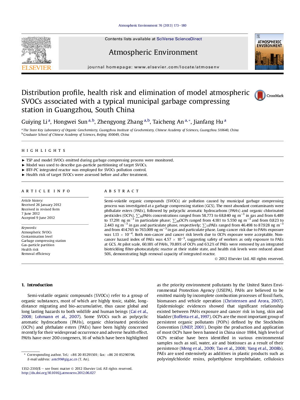 Distribution profile, health risk and elimination of model atmospheric SVOCs associated with a typical municipal garbage compressing station in Guangzhou, South China