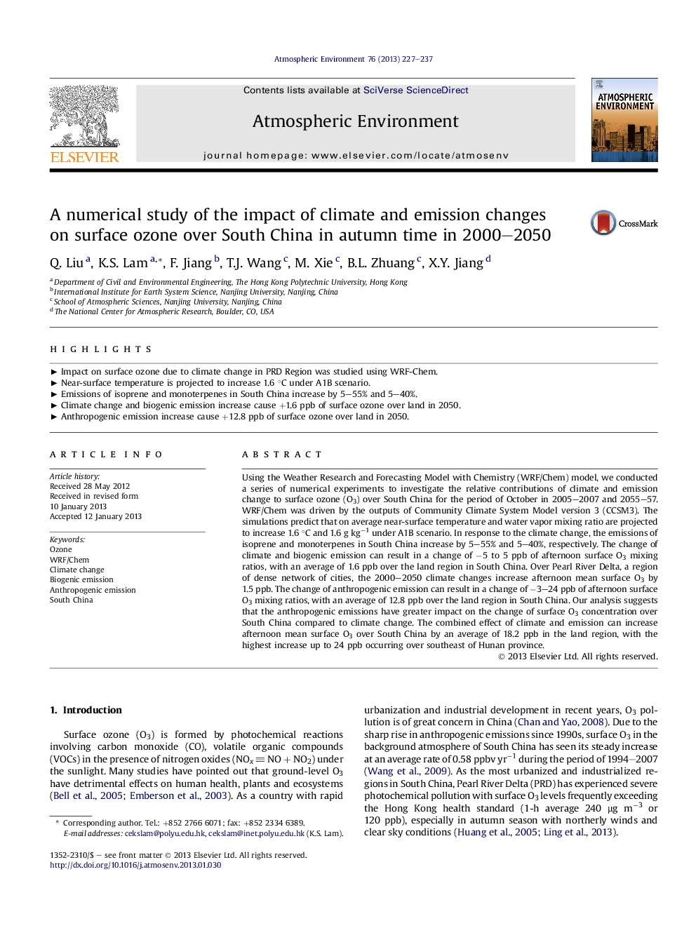 A numerical study of the impact of climate and emission changes on surface ozone over South China in autumn time in 2000–2050