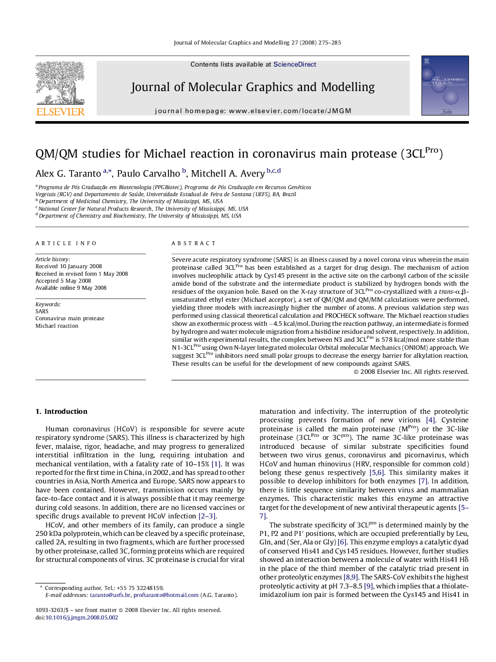 QM/QM studies for Michael reaction in coronavirus main protease (3CLPro)