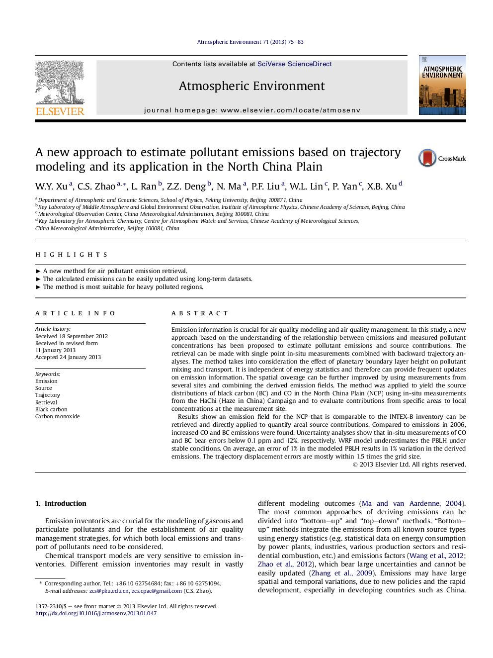 A new approach to estimate pollutant emissions based on trajectory modeling and its application in the North China Plain