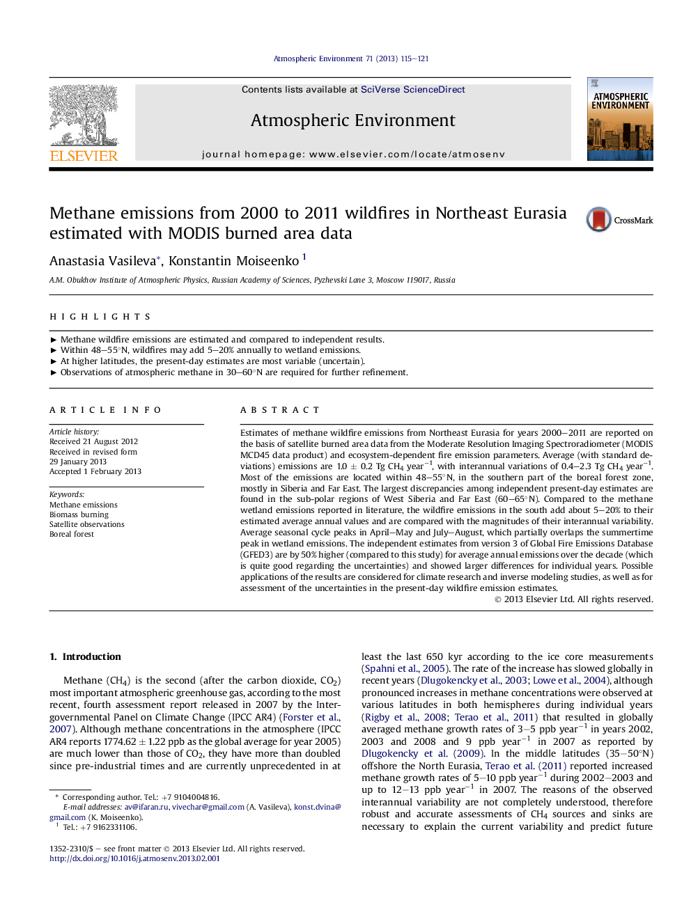 Methane emissions from 2000 to 2011 wildfires in Northeast Eurasia estimated with MODIS burned area data