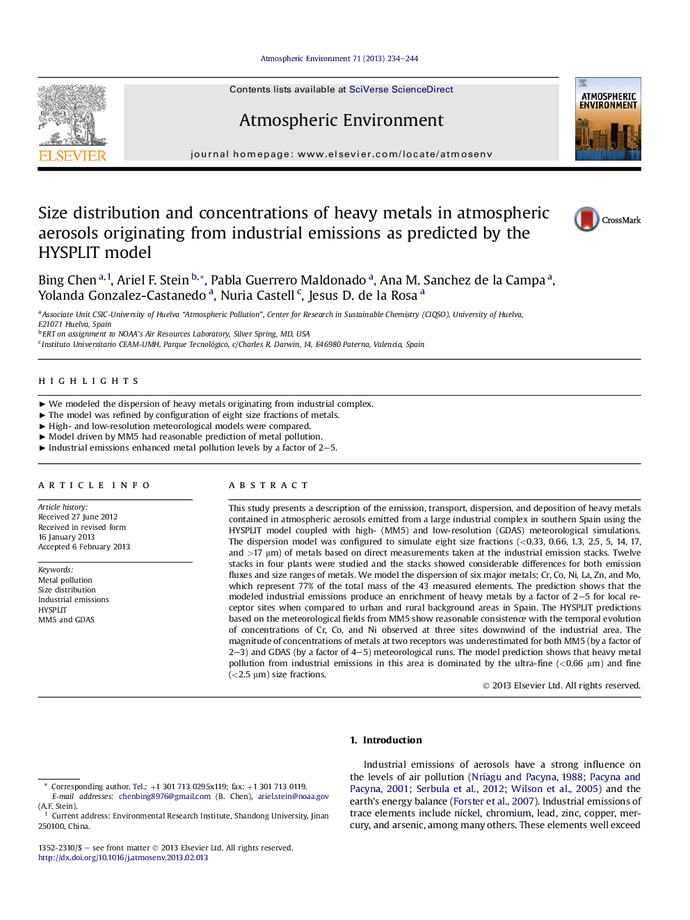 Size distribution and concentrations of heavy metals in atmospheric aerosols originating from industrial emissions as predicted by the HYSPLIT model