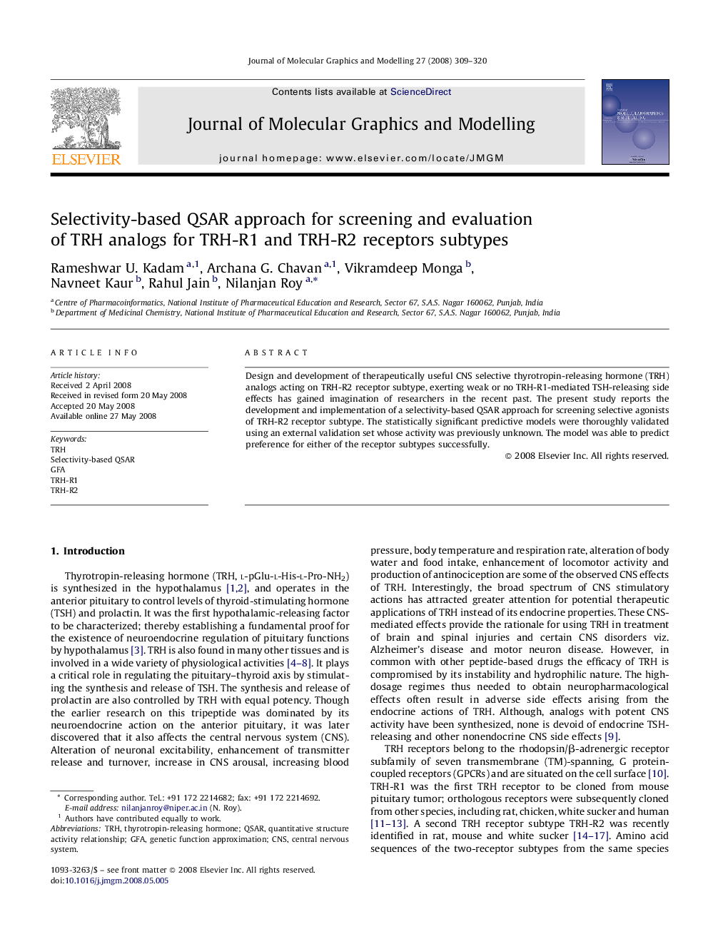 Selectivity-based QSAR approach for screening and evaluation of TRH analogs for TRH-R1 and TRH-R2 receptors subtypes