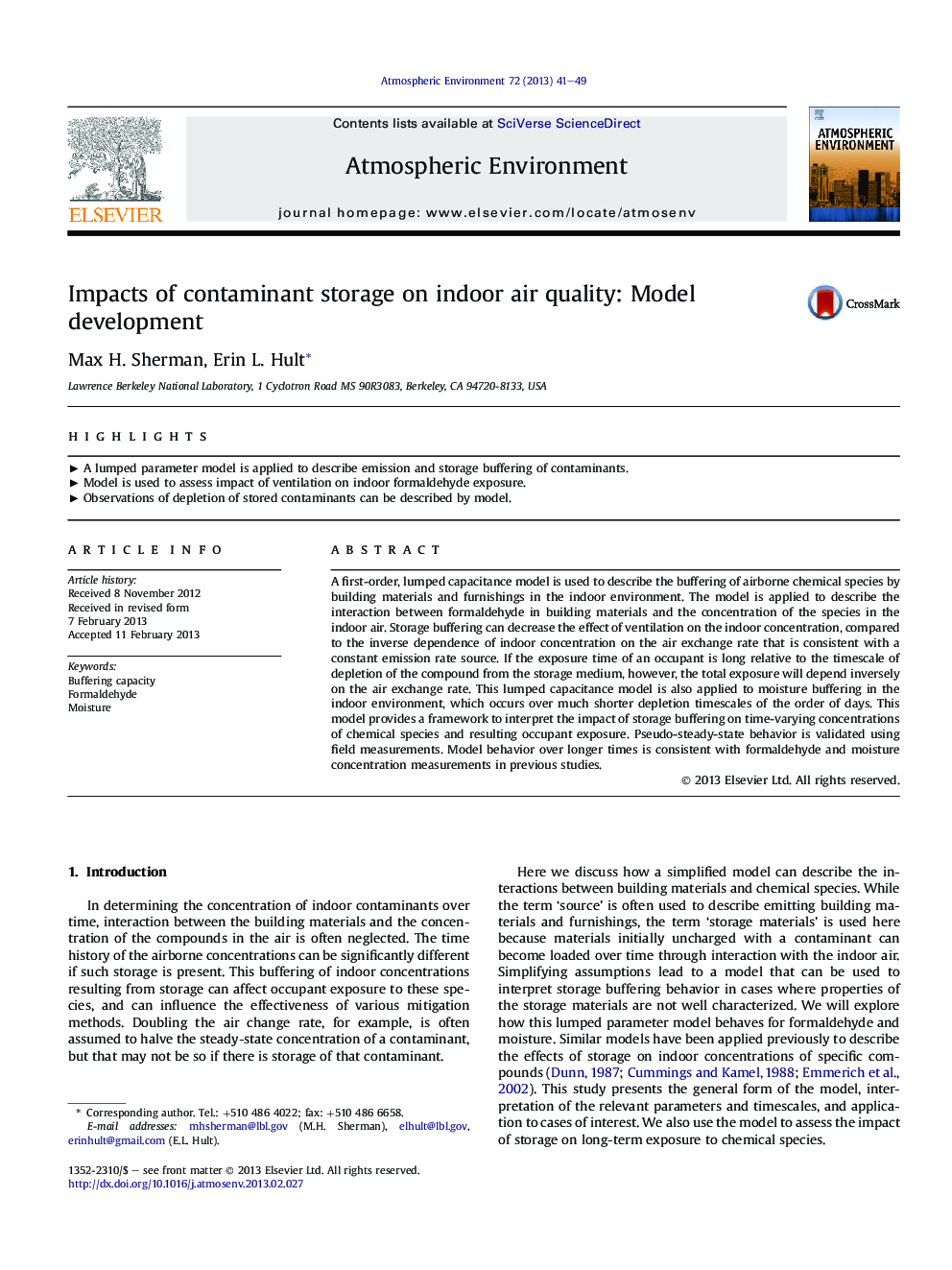 Impacts of contaminant storage on indoor air quality: Model development