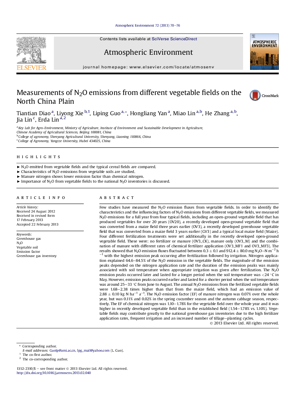 Measurements of N2O emissions from different vegetable fields on the North China Plain