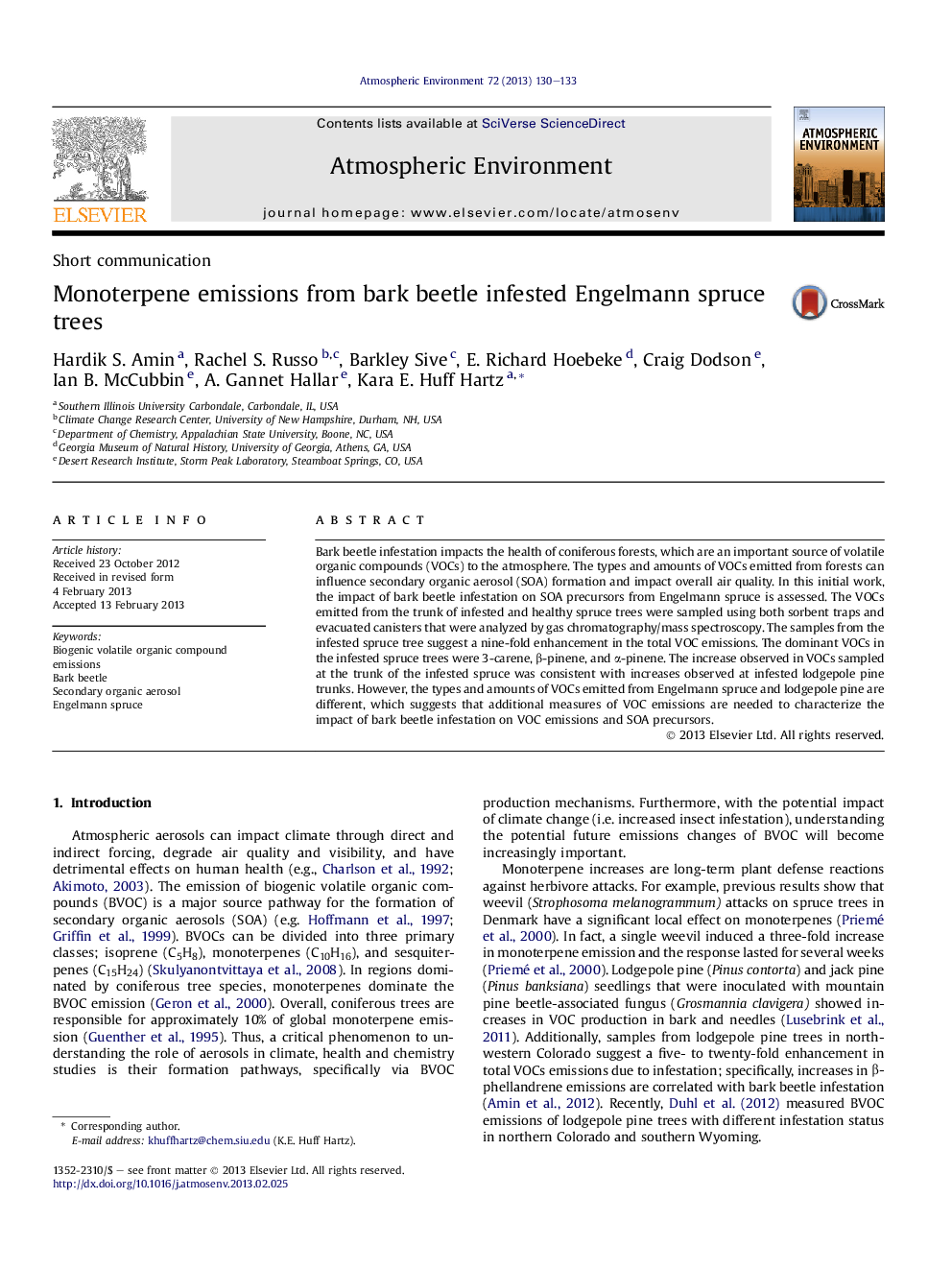 Monoterpene emissions from bark beetle infested Engelmann spruce trees