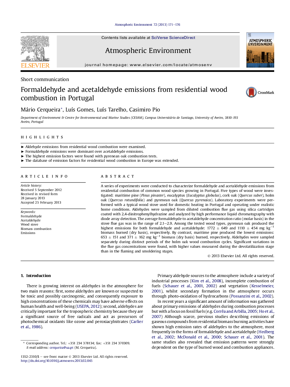 عکس صفحه اول مقاله: Formaldehyde and acetaldehyde emissions from residential wood combustion in Portugal Formaldehyde and acetaldehyde emissions from residential wood combustion in Portugal