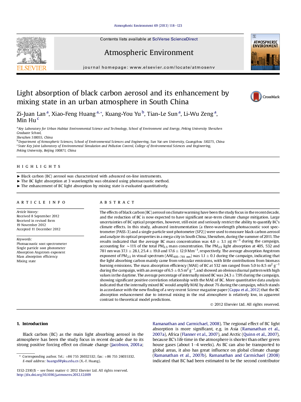 Light absorption of black carbon aerosol and its enhancement by mixing state in an urban atmosphere in South China