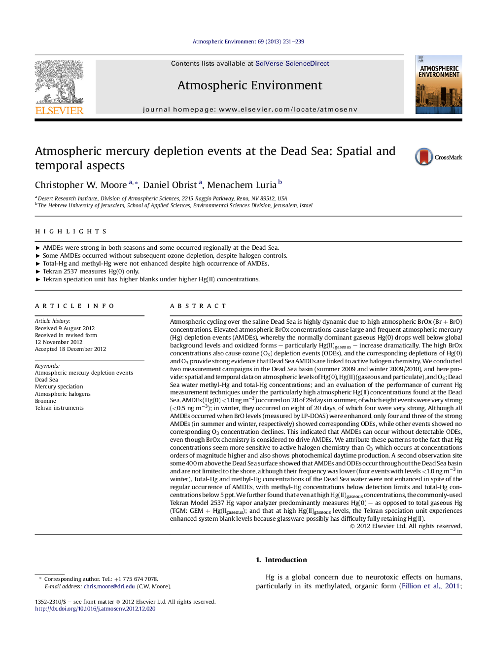 Atmospheric mercury depletion events at the Dead Sea: Spatial and temporal aspects