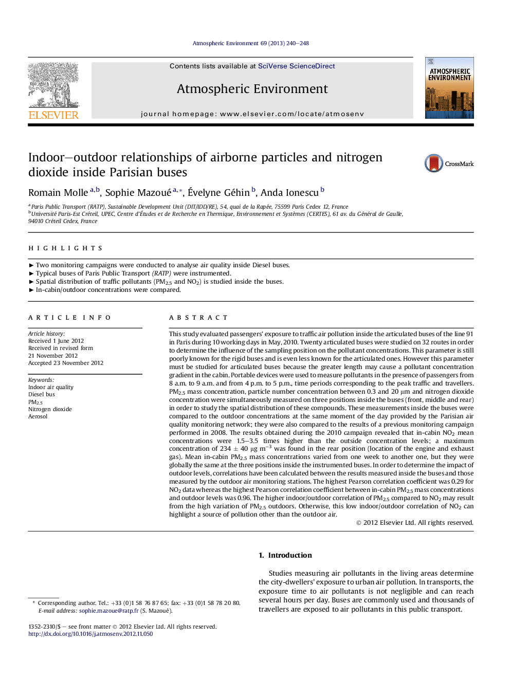 Indoor–outdoor relationships of airborne particles and nitrogen dioxide inside Parisian buses