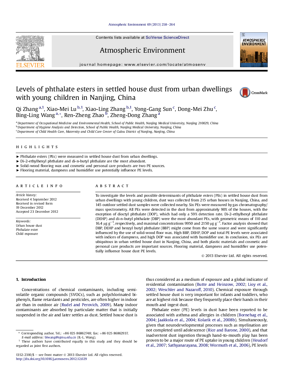 Levels of phthalate esters in settled house dust from urban dwellings with young children in Nanjing, China