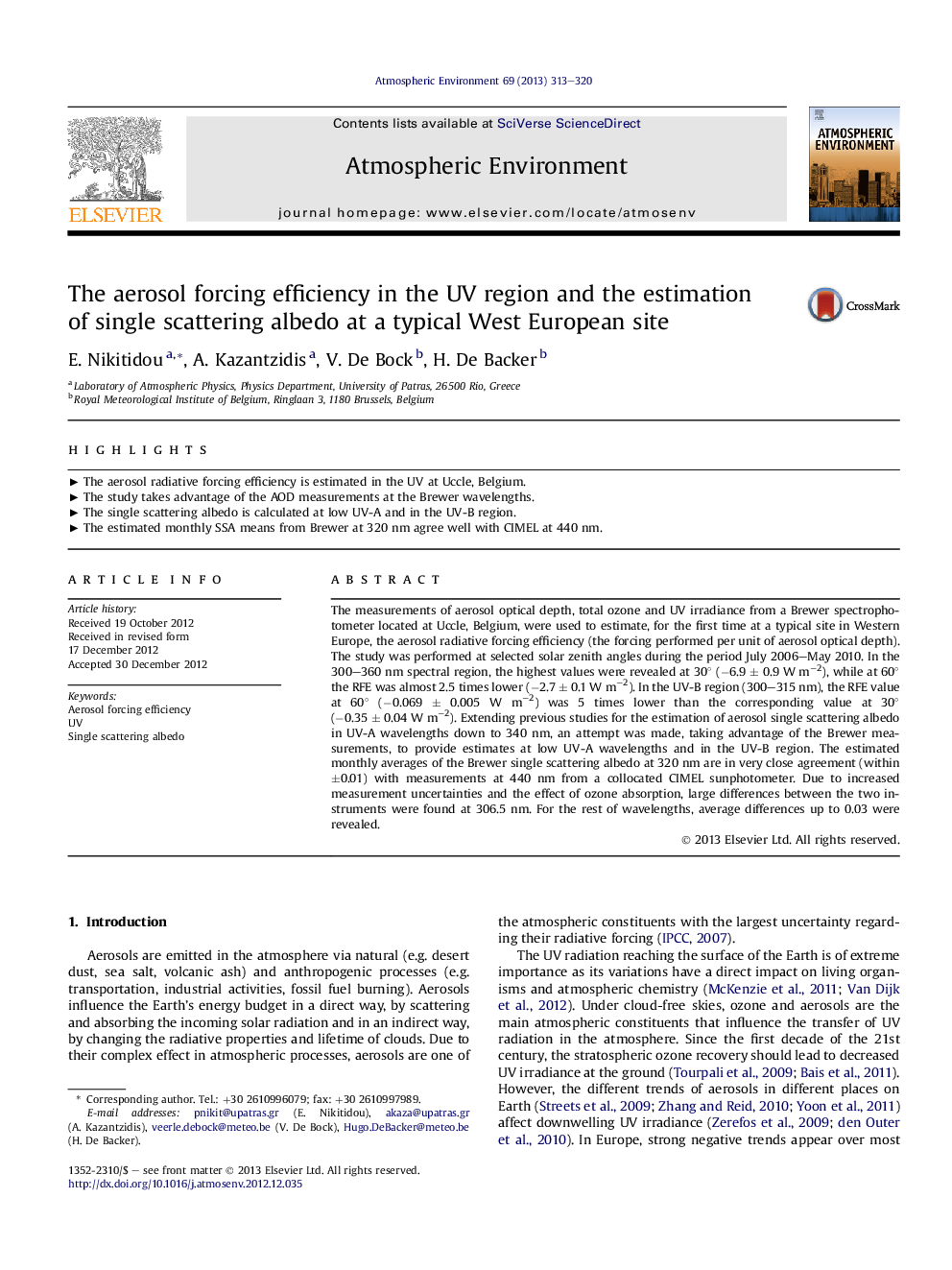 The aerosol forcing efficiency in the UV region and the estimation of single scattering albedo at a typical West European site