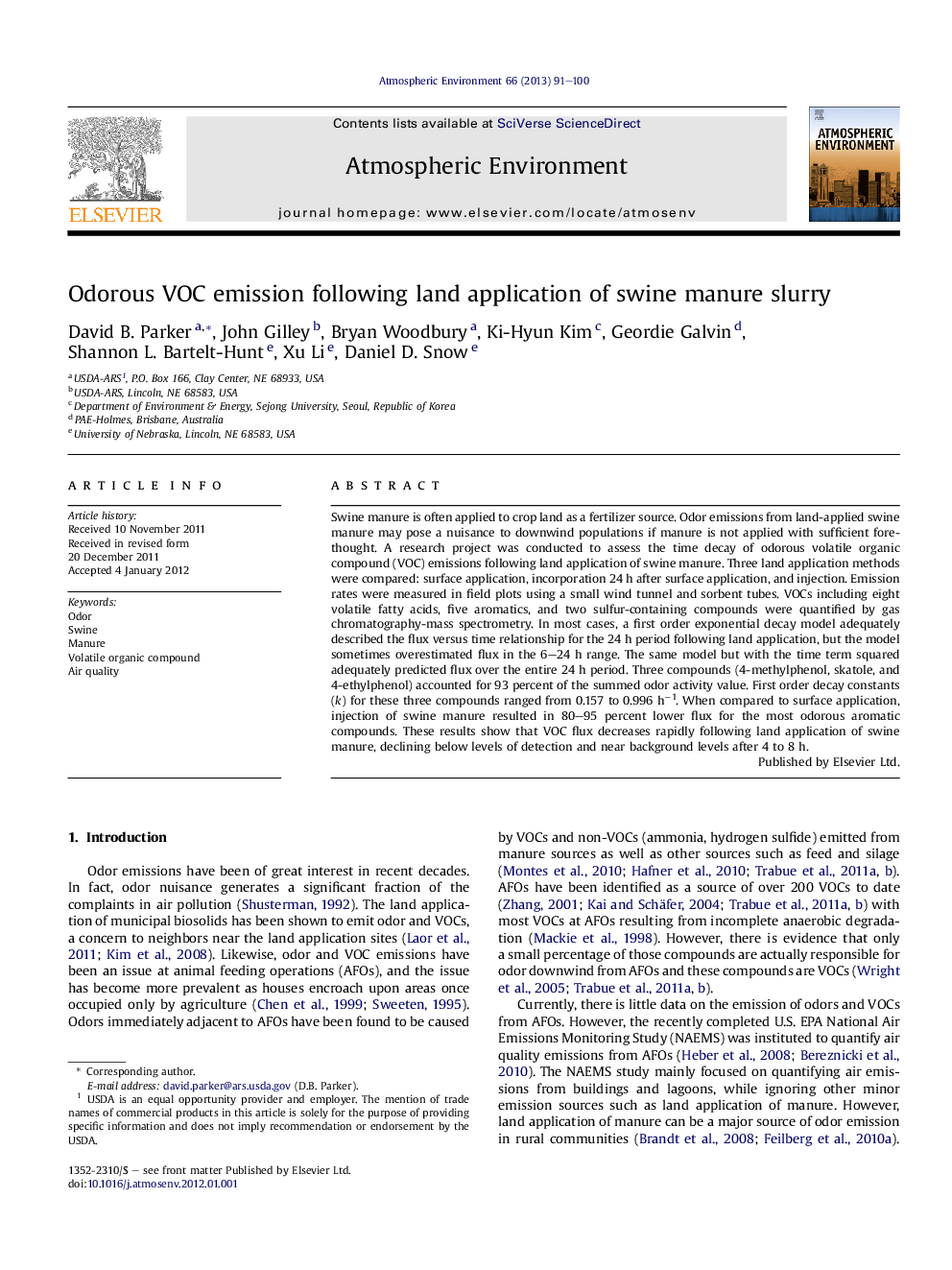 Odorous VOC emission following land application of swine manure slurry