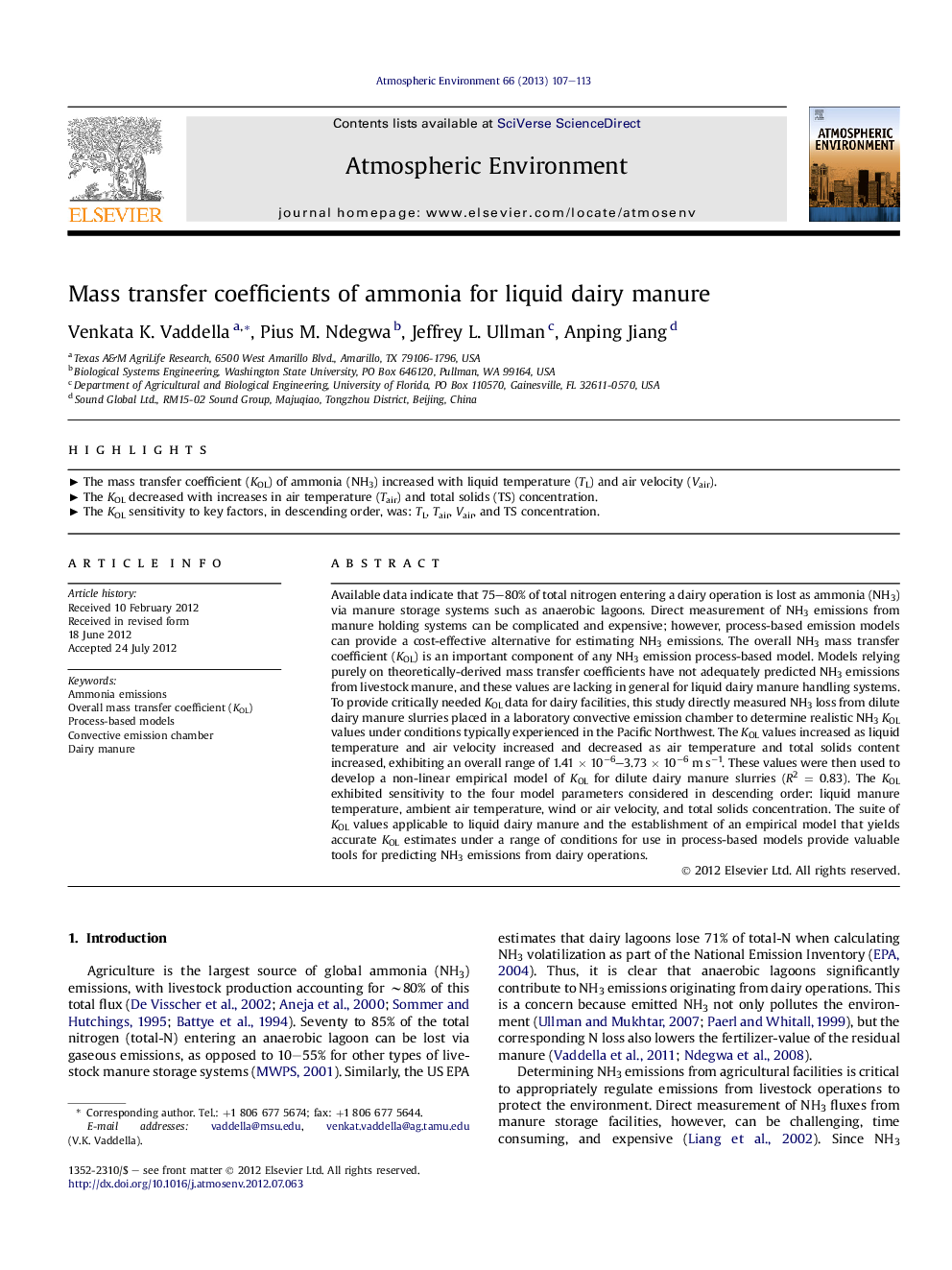 Mass transfer coefficients of ammonia for liquid dairy manure