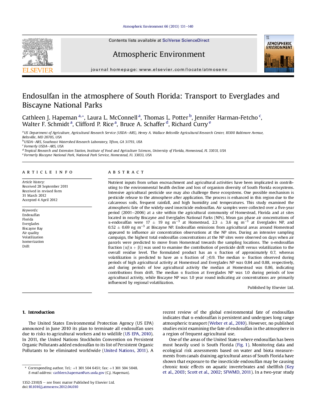 Endosulfan in the atmosphere of South Florida: Transport to Everglades and Biscayne National Parks