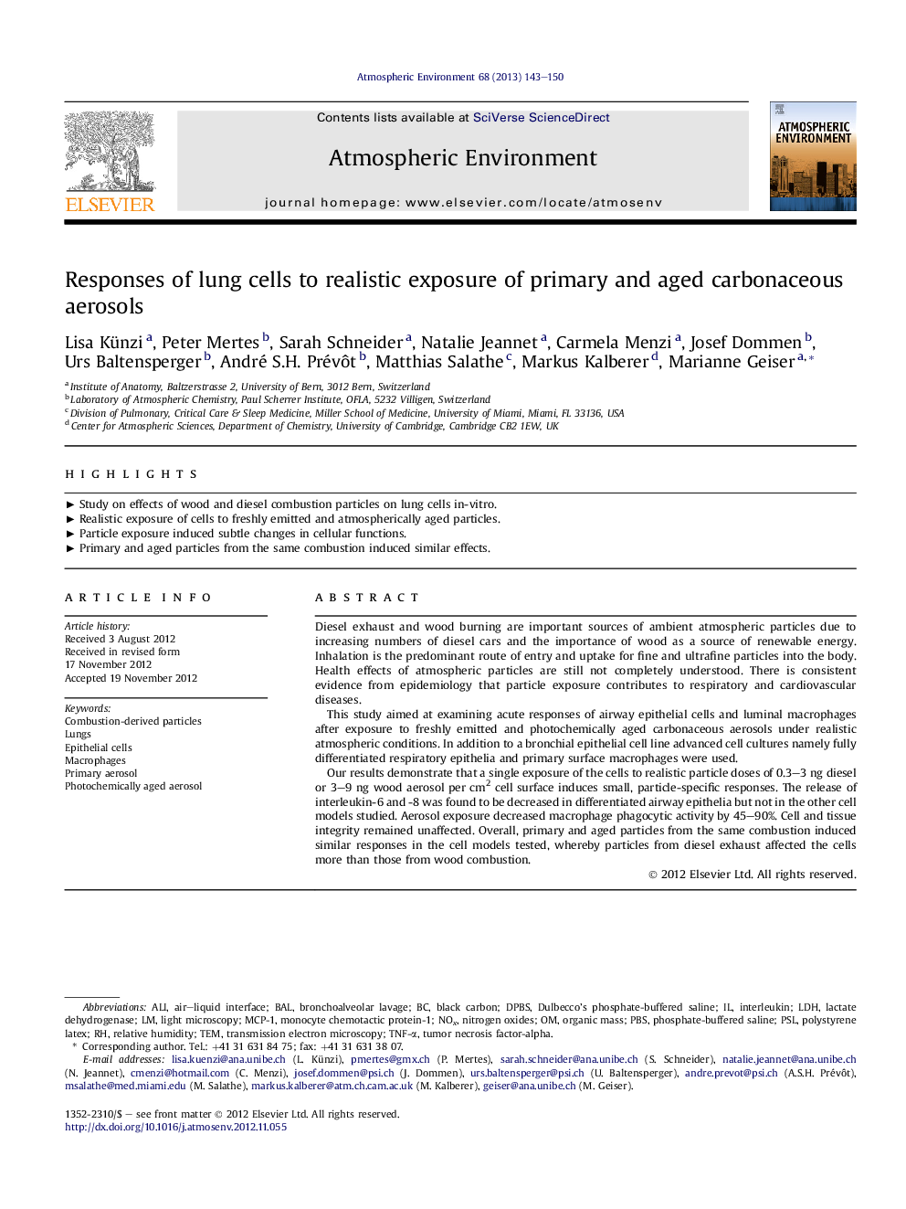 Responses of lung cells to realistic exposure of primary and aged carbonaceous aerosols