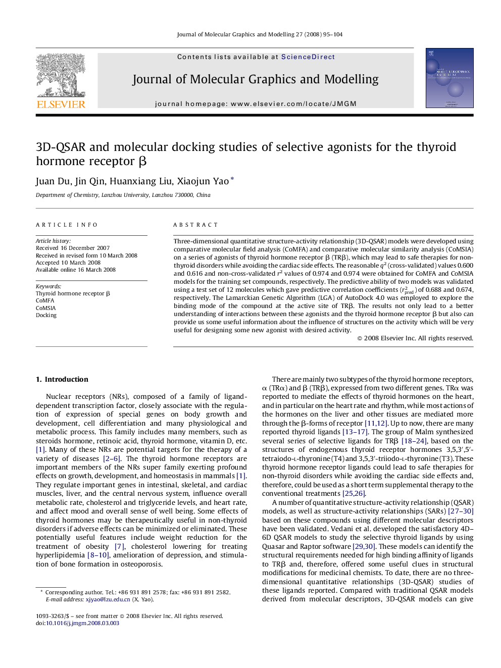 3D-QSAR and molecular docking studies of selective agonists for the thyroid hormone receptor β