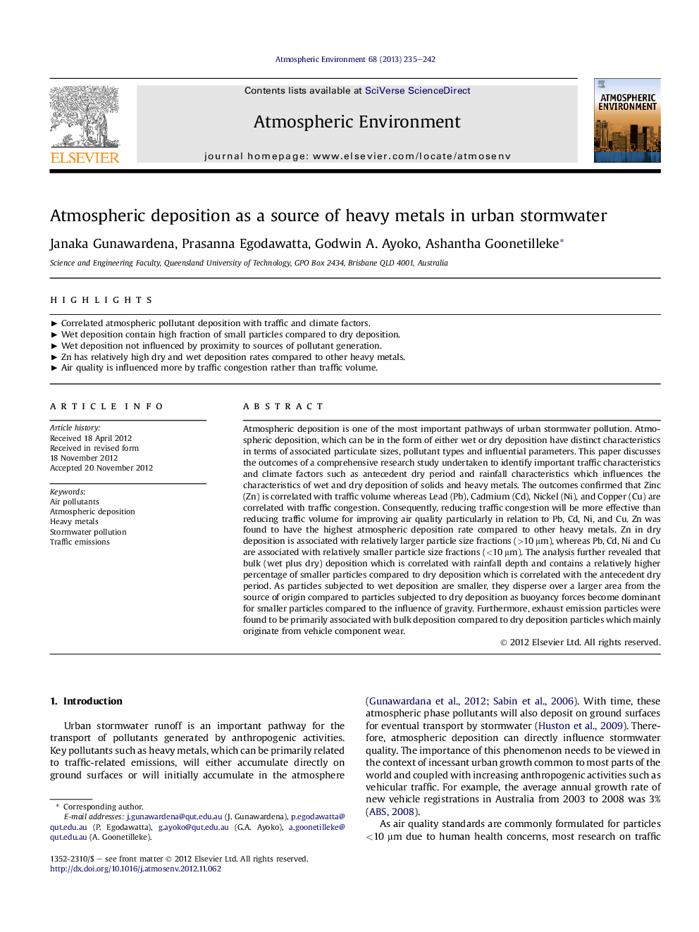 Atmospheric deposition as a source of heavy metals in urban stormwater