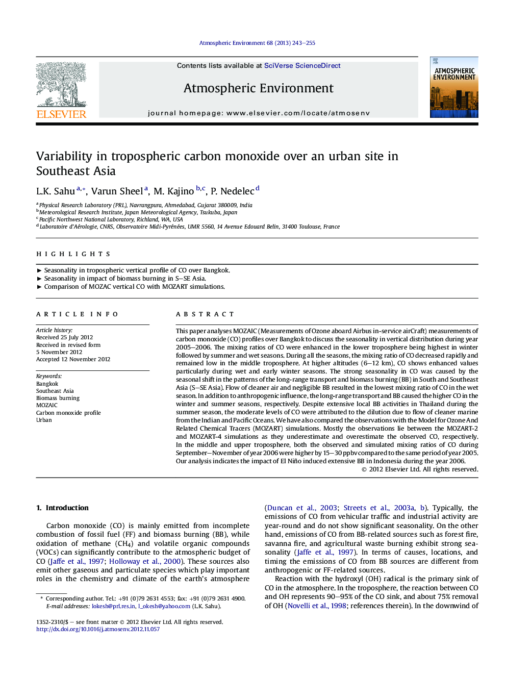 Variability in tropospheric carbon monoxide over an urban site in Southeast Asia