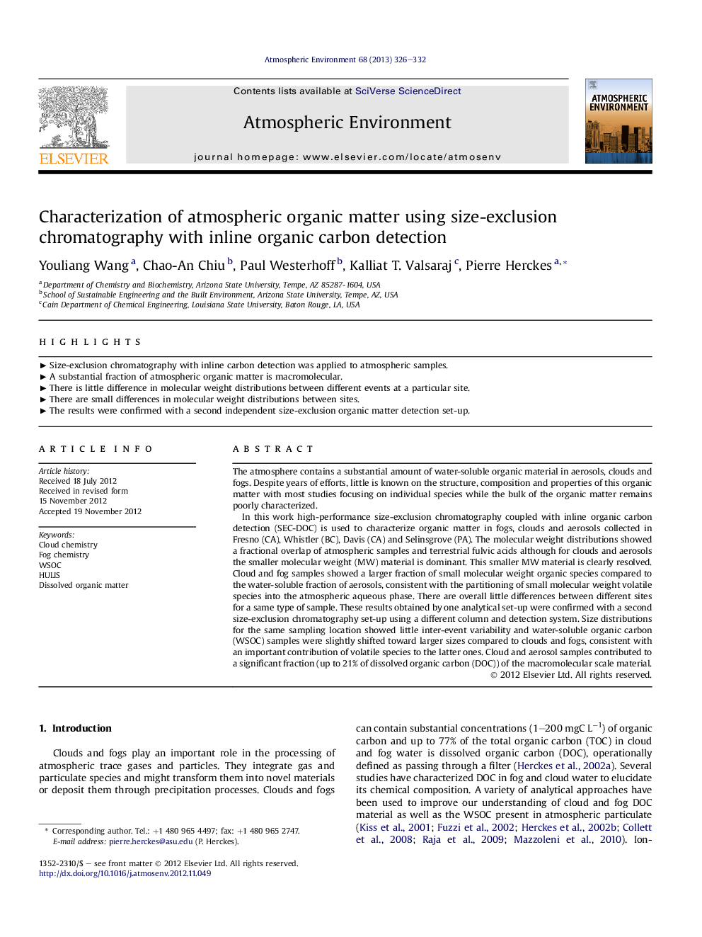 Characterization of atmospheric organic matter using size-exclusion chromatography with inline organic carbon detection