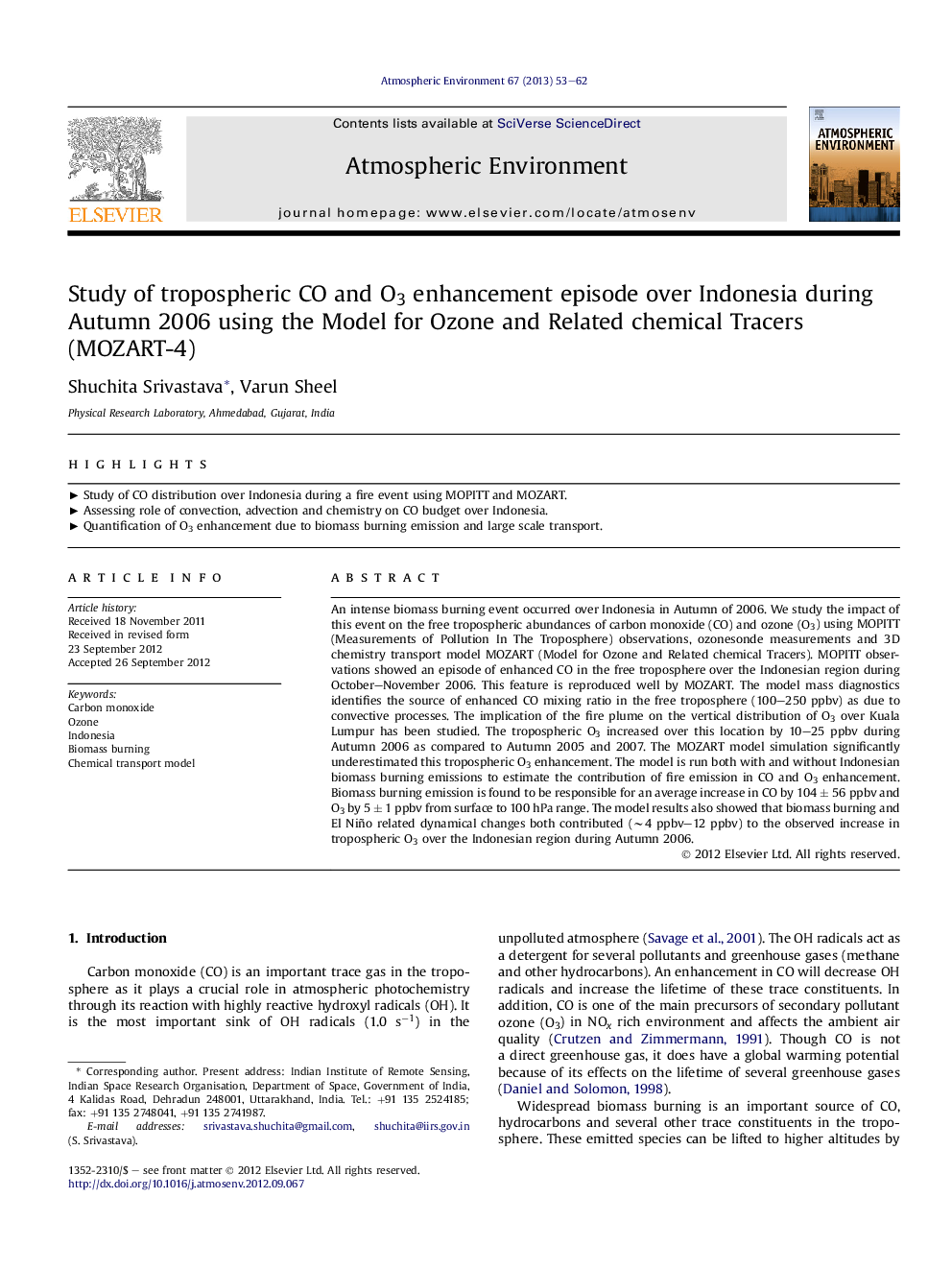 Study of tropospheric CO and O3 enhancement episode over Indonesia during Autumn 2006 using the Model for Ozone and Related chemical Tracers (MOZART-4)