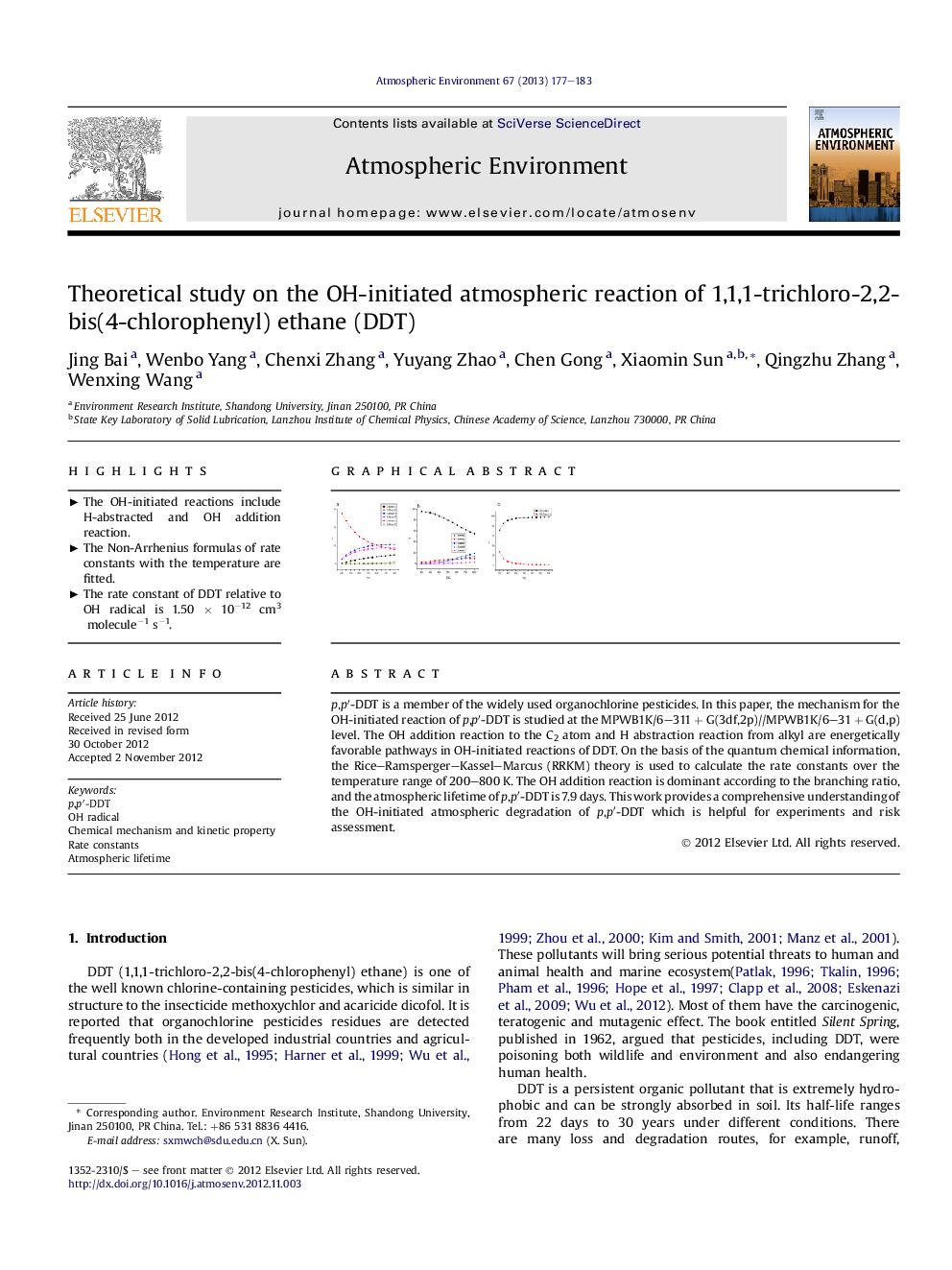 Theoretical study on the OH-initiated atmospheric reaction of 1,1,1-trichloro-2,2-bis(4-chlorophenyl) ethane (DDT)