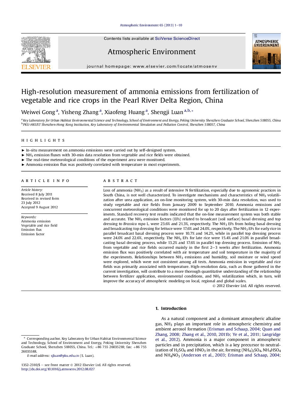 High-resolution measurement of ammonia emissions from fertilization of vegetable and rice crops in the Pearl River Delta Region, China