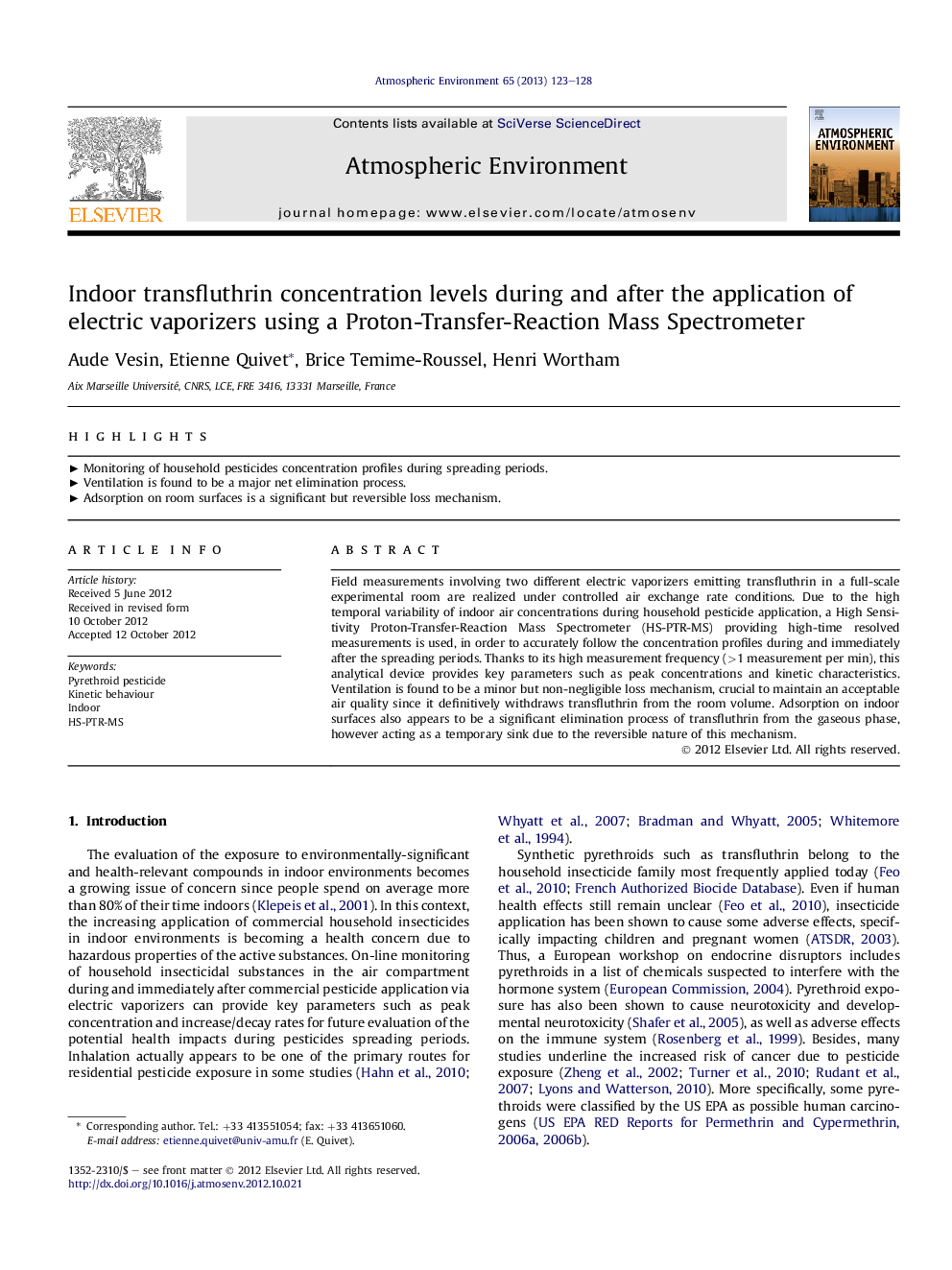 Indoor transfluthrin concentration levels during and after the application of electric vaporizers using a Proton-Transfer-Reaction Mass Spectrometer