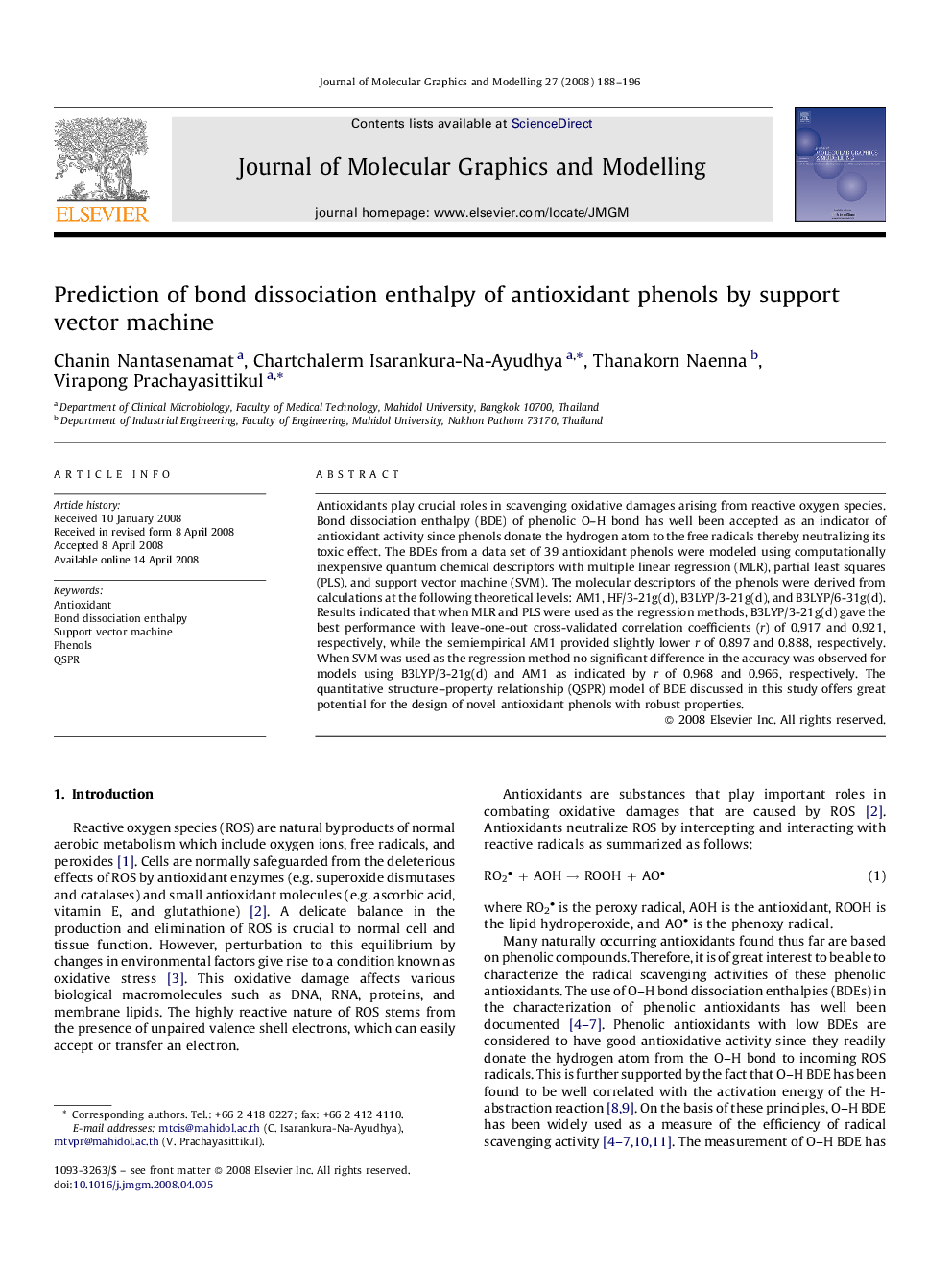 Prediction of bond dissociation enthalpy of antioxidant phenols by support vector machine