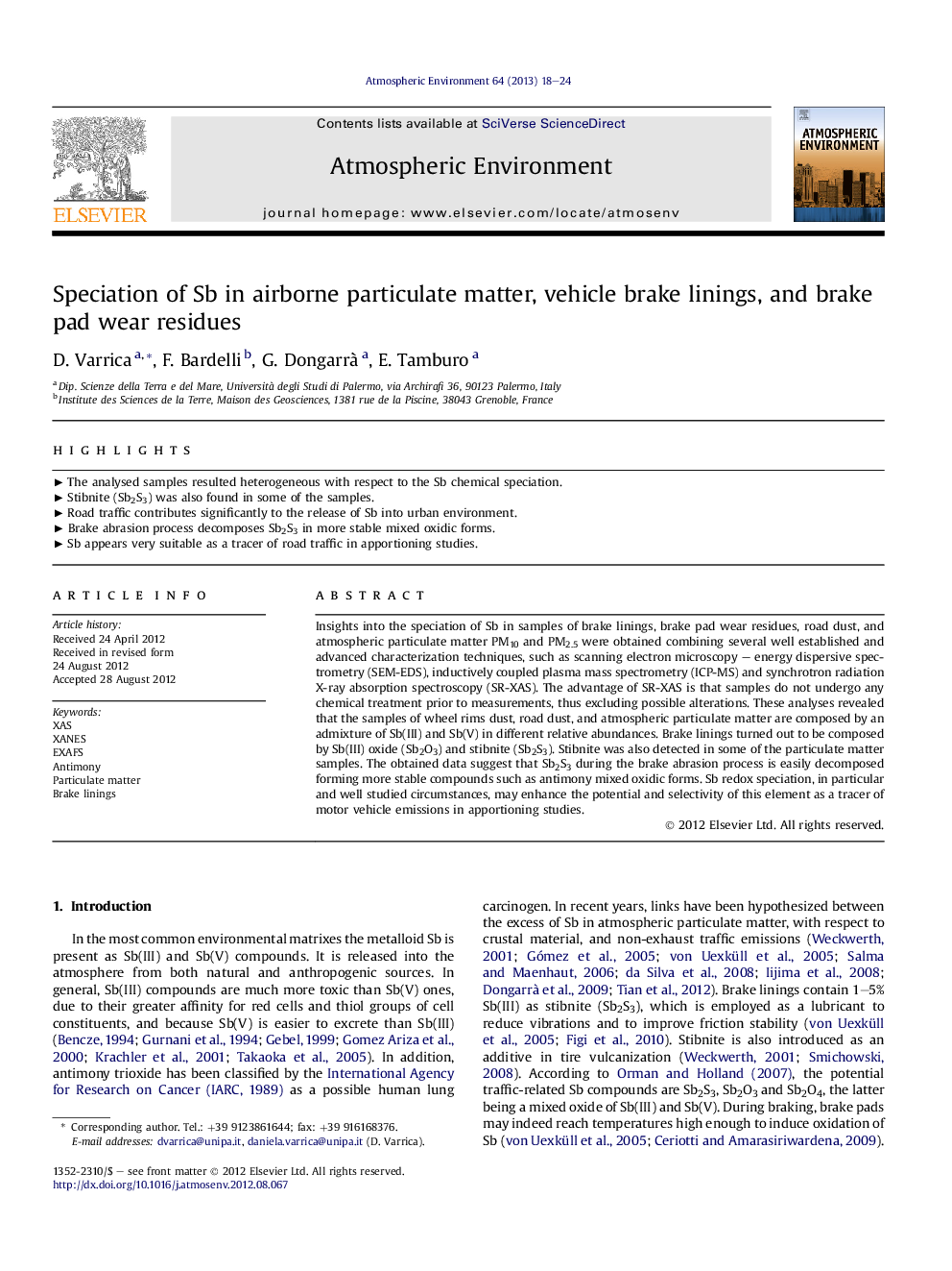 Speciation of Sb in airborne particulate matter, vehicle brake linings, and brake pad wear residues