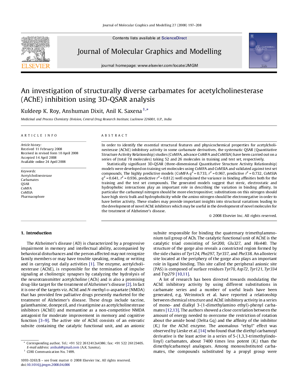 An investigation of structurally diverse carbamates for acetylcholinesterase (AChE) inhibition using 3D-QSAR analysis