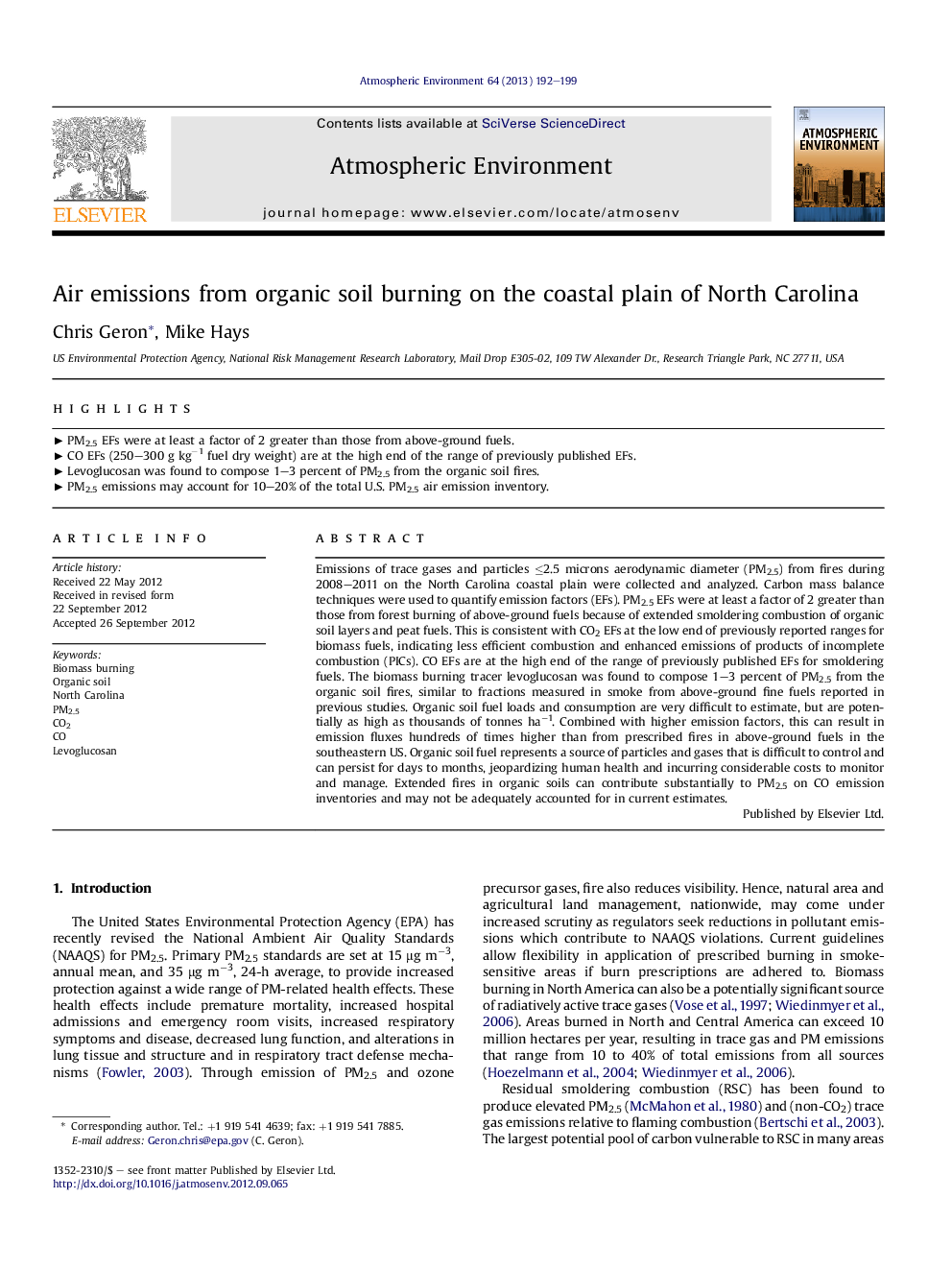 Air emissions from organic soil burning on the coastal plain of North Carolina