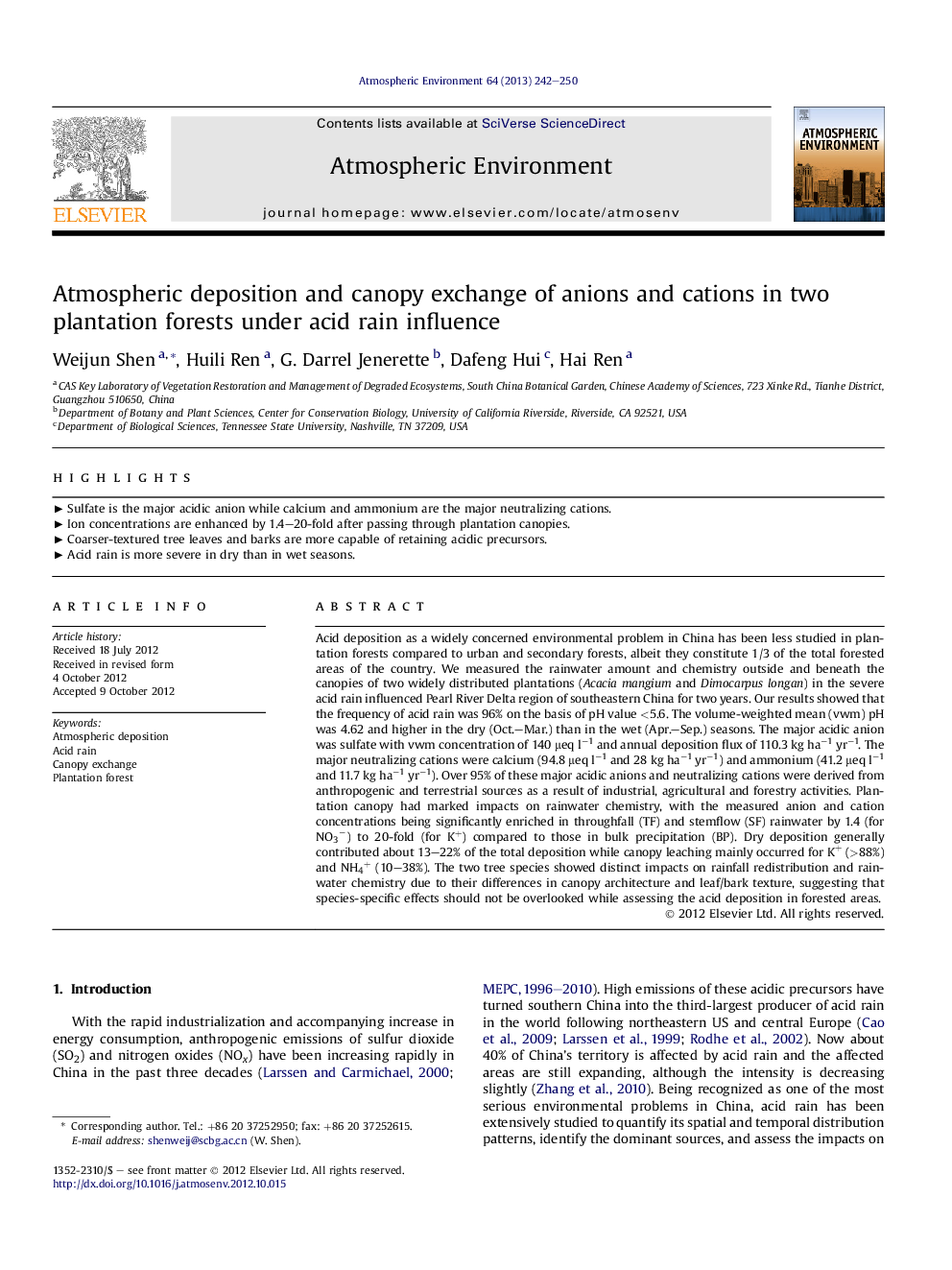 Atmospheric deposition and canopy exchange of anions and cations in two plantation forests under acid rain influence