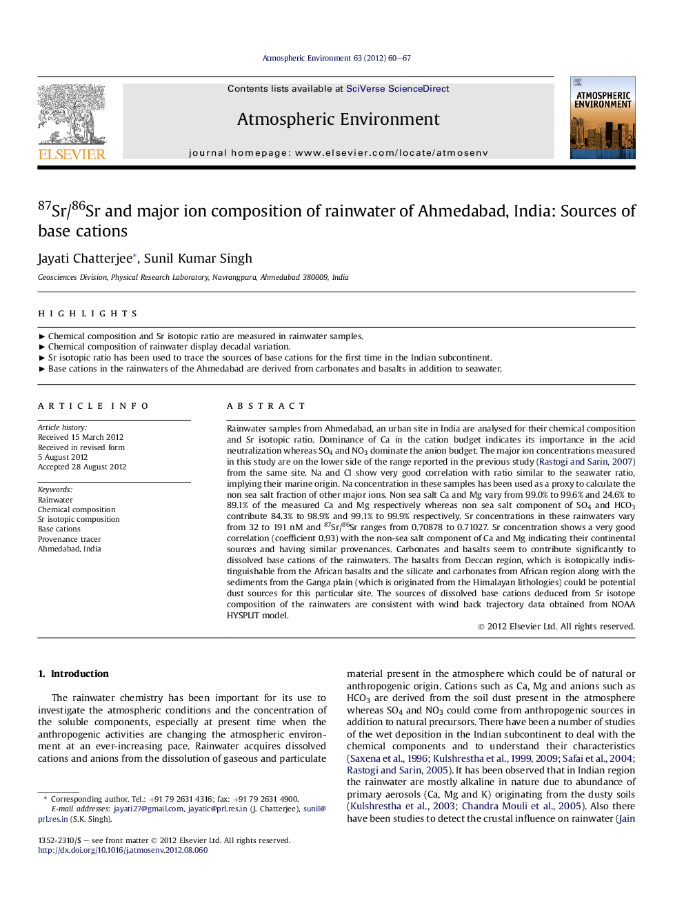 87Sr/86Sr and major ion composition of rainwater of Ahmedabad, India: Sources of base cations