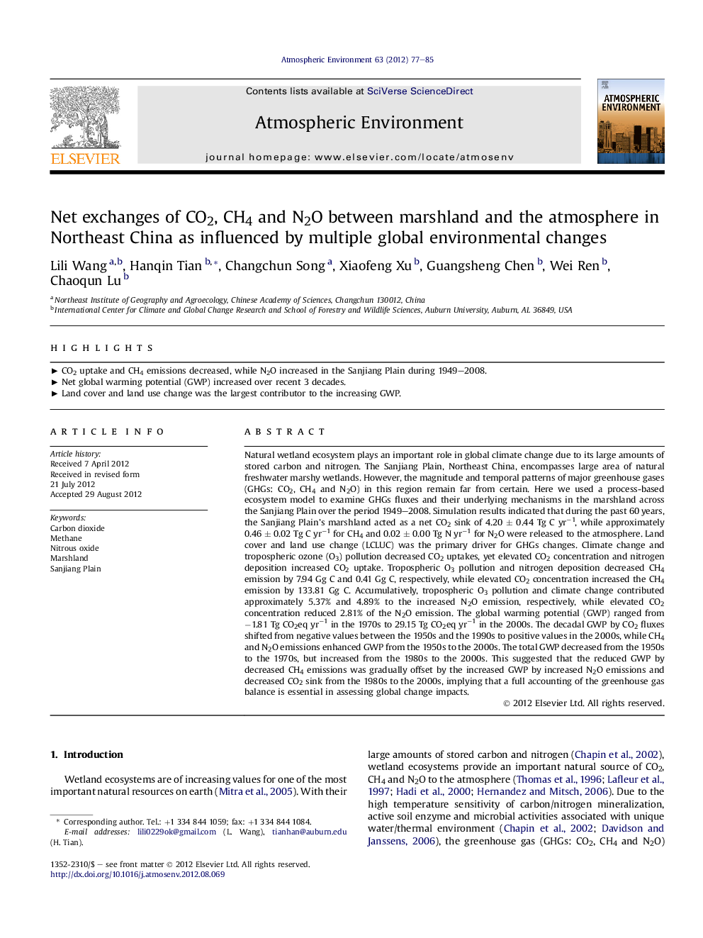 Net exchanges of CO2, CH4 and N2O between marshland and the atmosphere in Northeast China as influenced by multiple global environmental changes