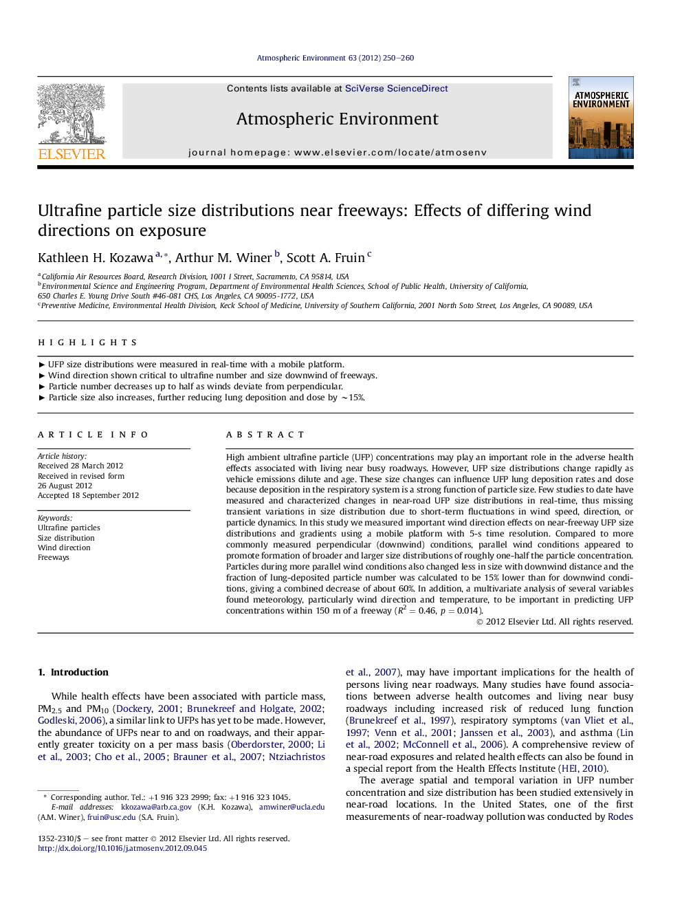 Ultrafine particle size distributions near freeways: Effects of differing wind directions on exposure