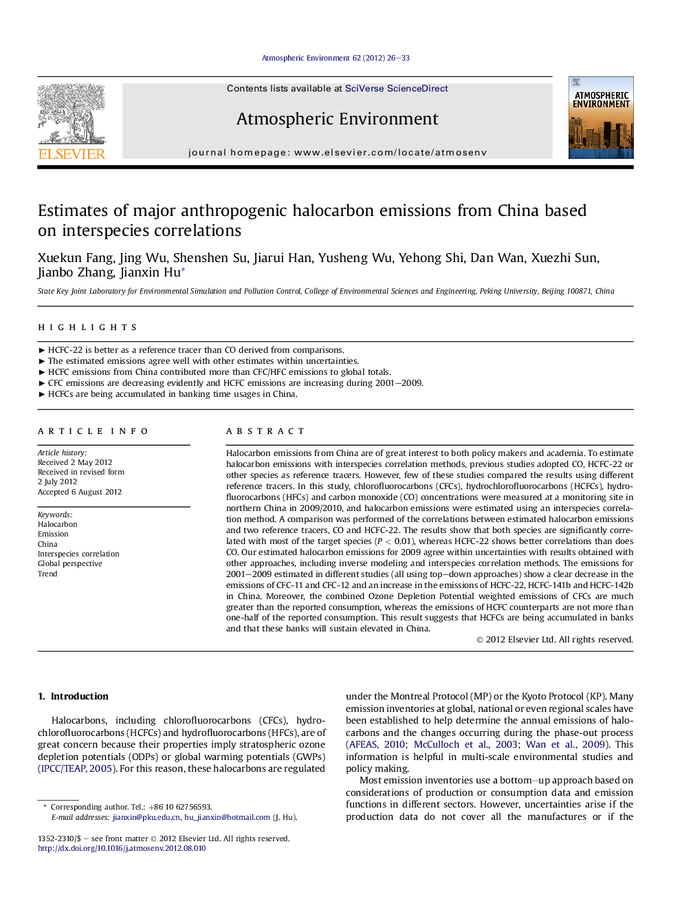 Estimates of major anthropogenic halocarbon emissions from China based on interspecies correlations